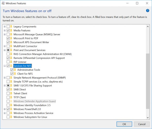 Installing Services for NFS on Windows 10 Pro